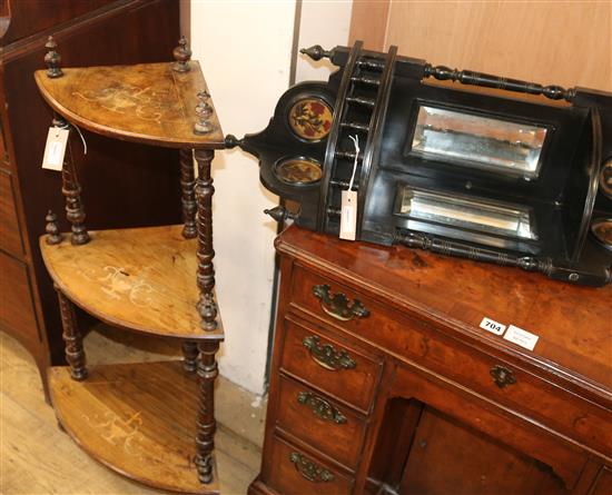 A Victorian inlaid corner whatnot and an Aesthetic ebonised and mirrored hanging corner display unit shelf